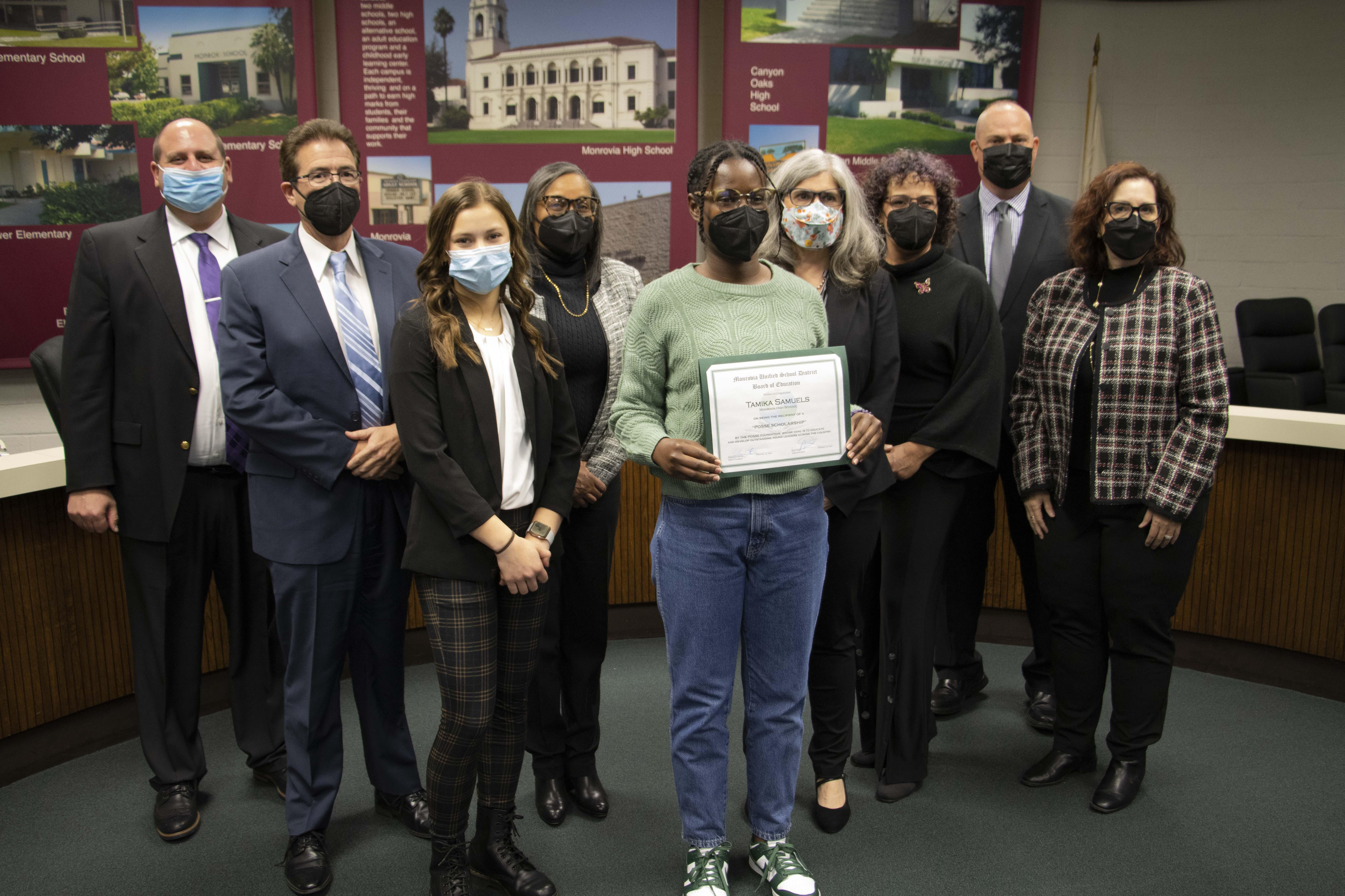 Tamika Samuels is recognized by the Board of Education for being awarded the Posse Scholarship.