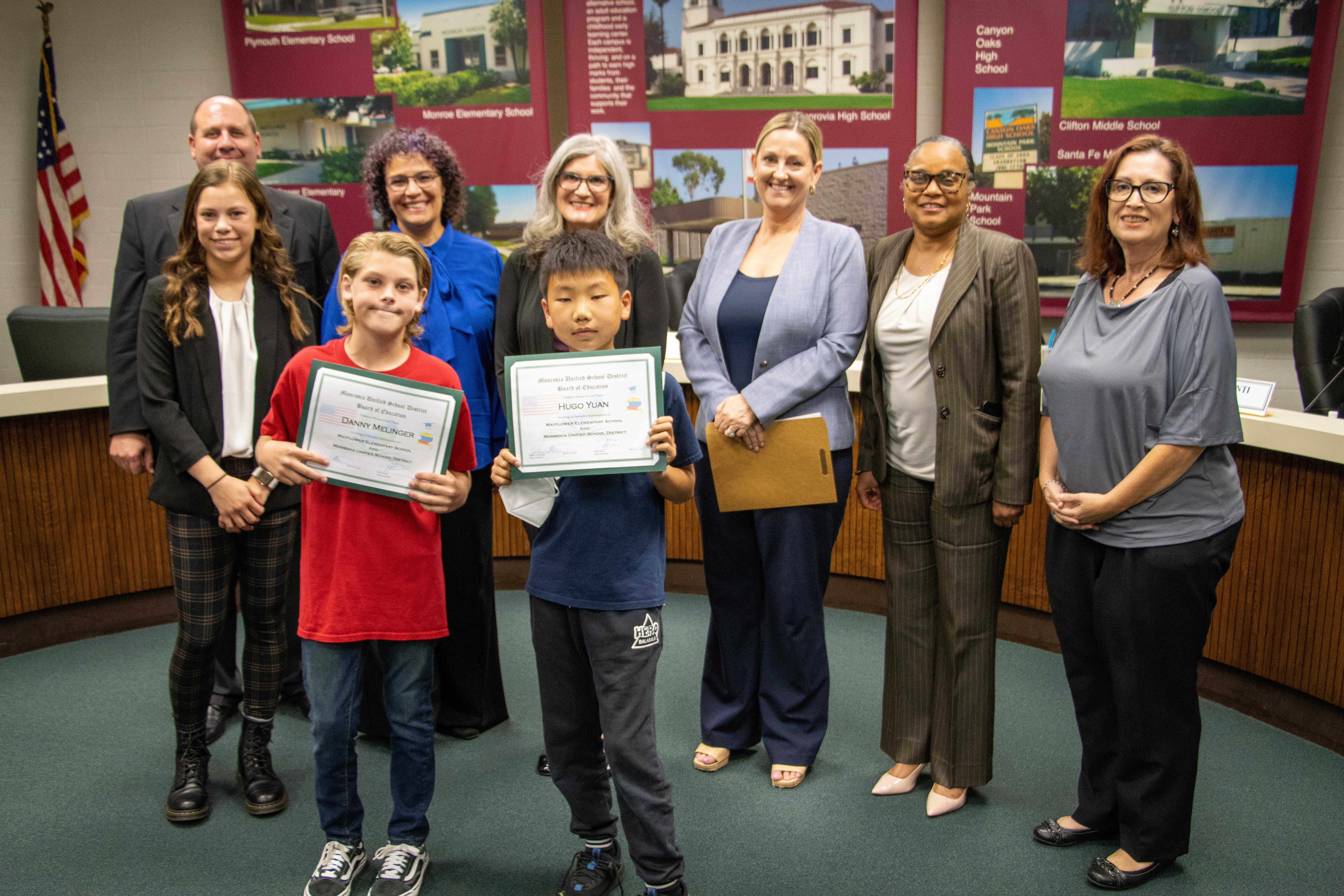 The Board of Education invited students from Bradoaks and Mayflower Elementary Schools to lead the March meeting’s Pledge of Allegiance. Bobcat Laurel Traeger and Mariners Danny Melinger and Hugo Yuan did an amazing job starting the meetings with the pledge.