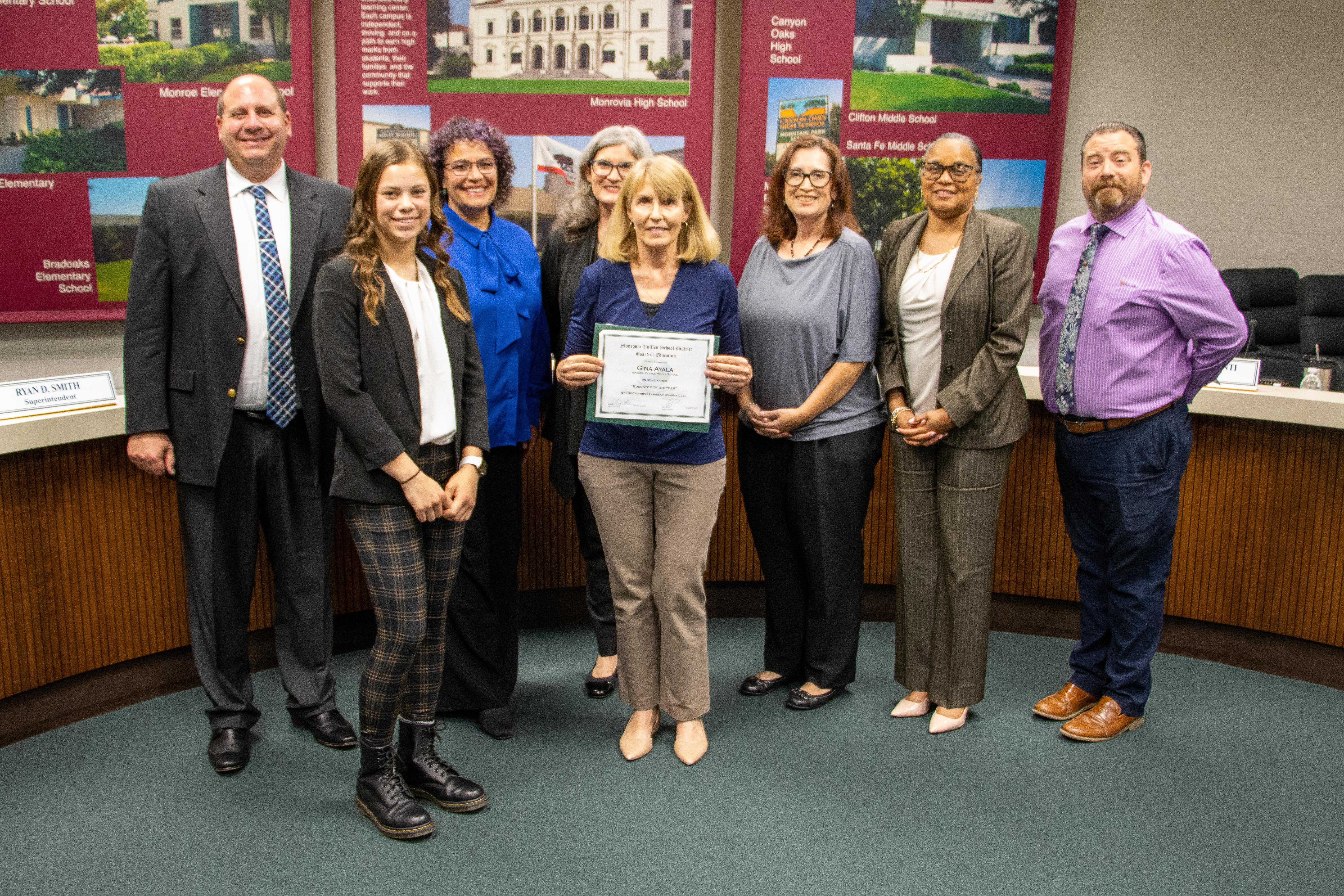 To close out recognitions, The Board of Education congratulated Clifton Middle School teacher Gina Ayala on being named the California League of Schools (CLS) State "Middle School Educator of the Year."