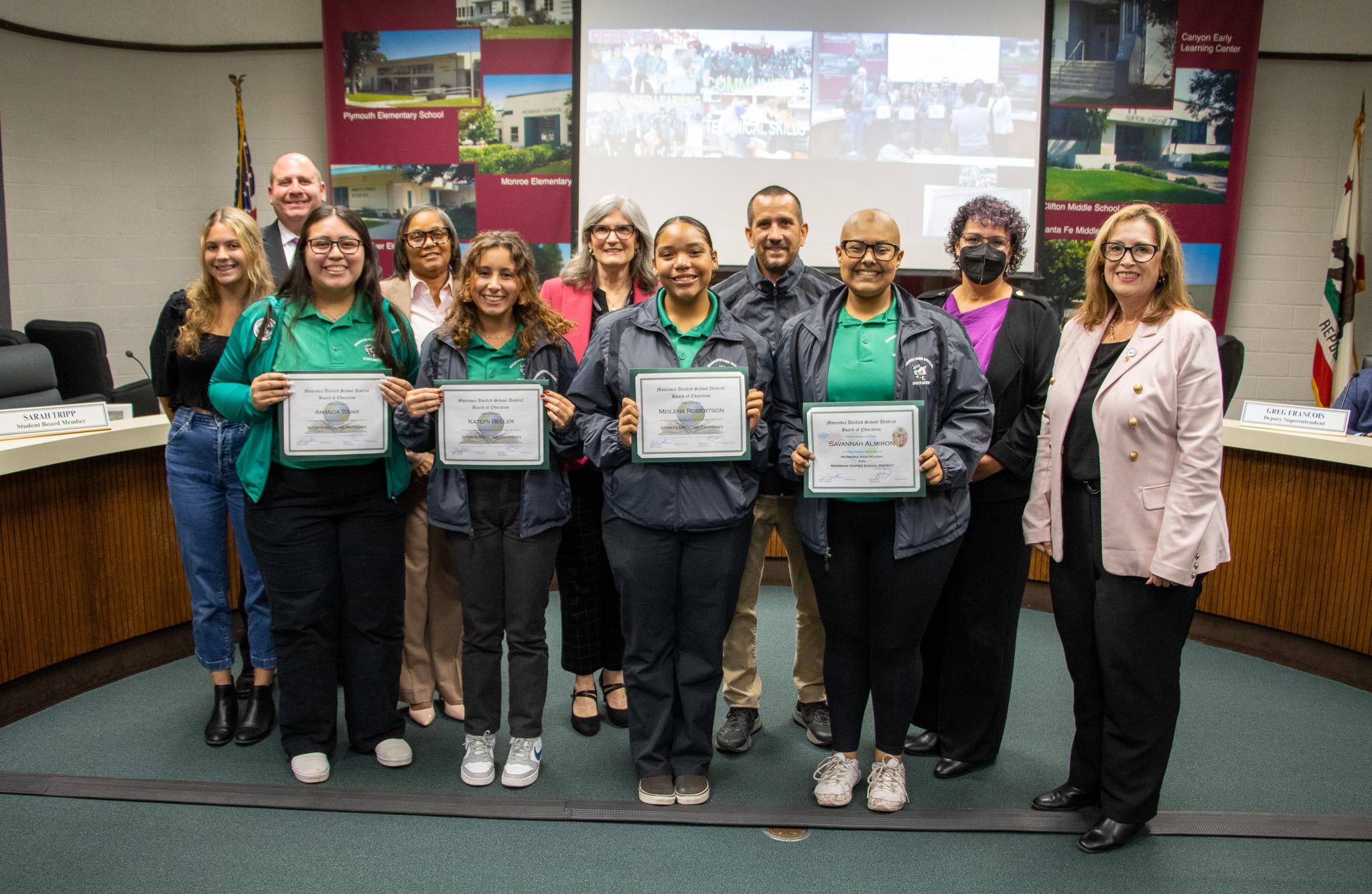 The Monrovia Unified Board of Education invited students from Monrovia High School’s Sports Medicine CTE Pathway and Canyon Oaks High School to lead the Pledge of Allegiance at its October meetings.