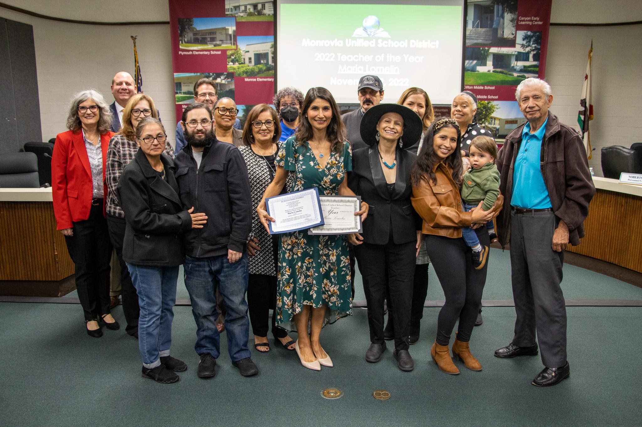 The Board of Education and the Personnel Commission congratulated Maria Lomelin on being named the "2022 Teacher of the Year" for Monrovia Unified School District.
