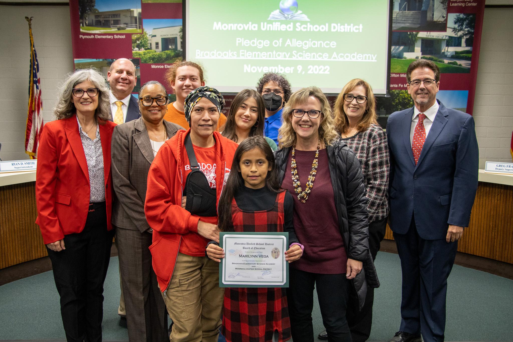 The Monrovia Unified Board of Education invited students from Bradoaks Elementary to lead the Pledge of Allegiance at its November meeting.