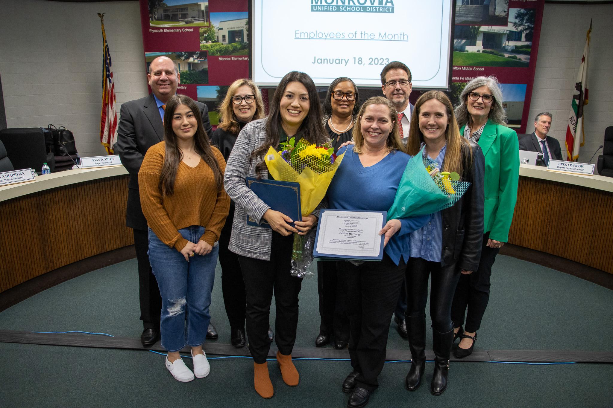 The Board of Education & the Monrovia Chamber of Commerce congratulated Desiree Harbaugh and Mitzi Avila on being recipients of Monrovia Unified School District's "Employee of the Month" for January.