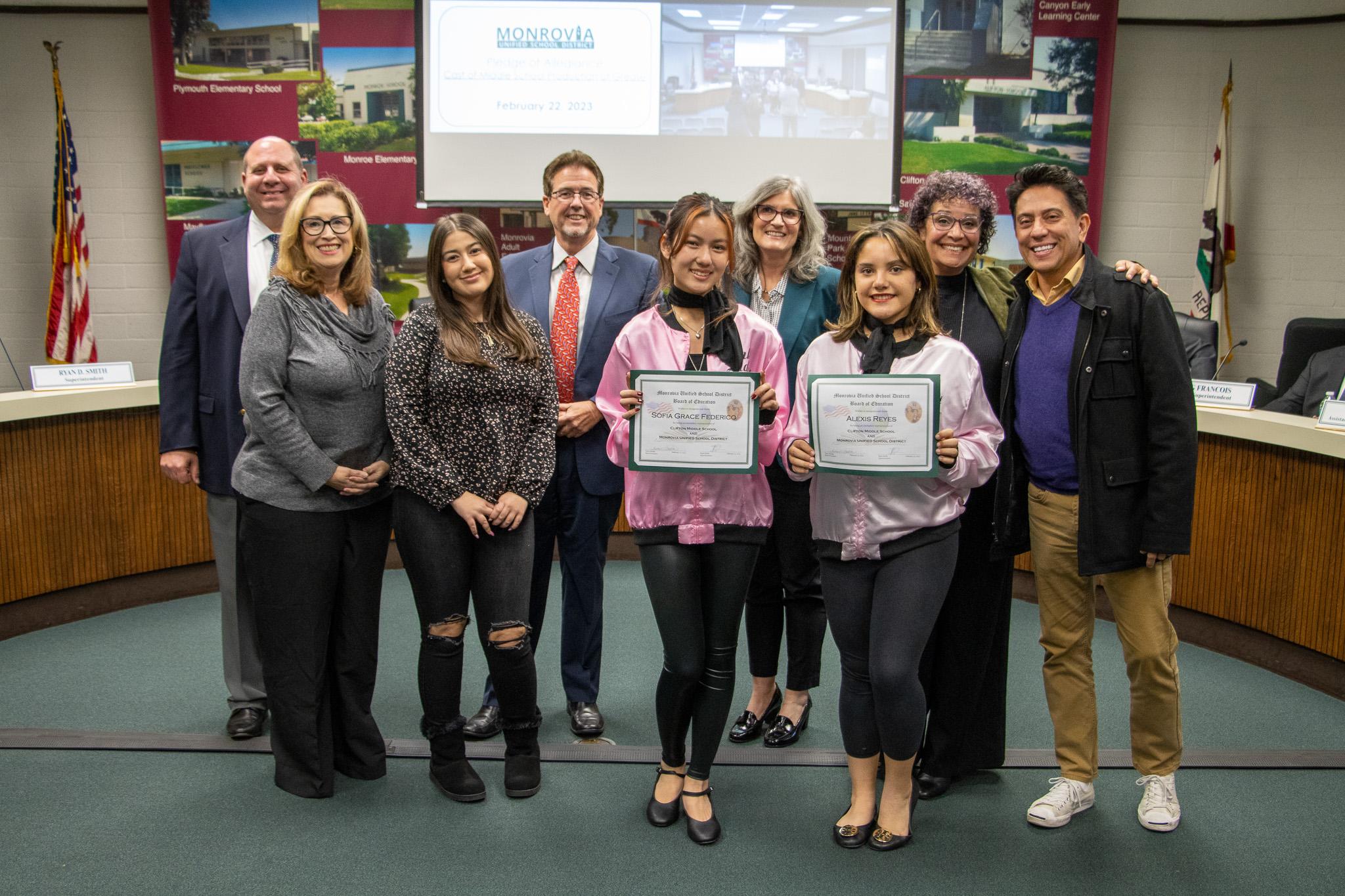 The Monrovia Unified School District Board of Education invited students from Monrovia High School’s Project Lead the Way Engineering Pathway and middle school students from the upcoming production of Grease to lead the Pledge of Allegiance.