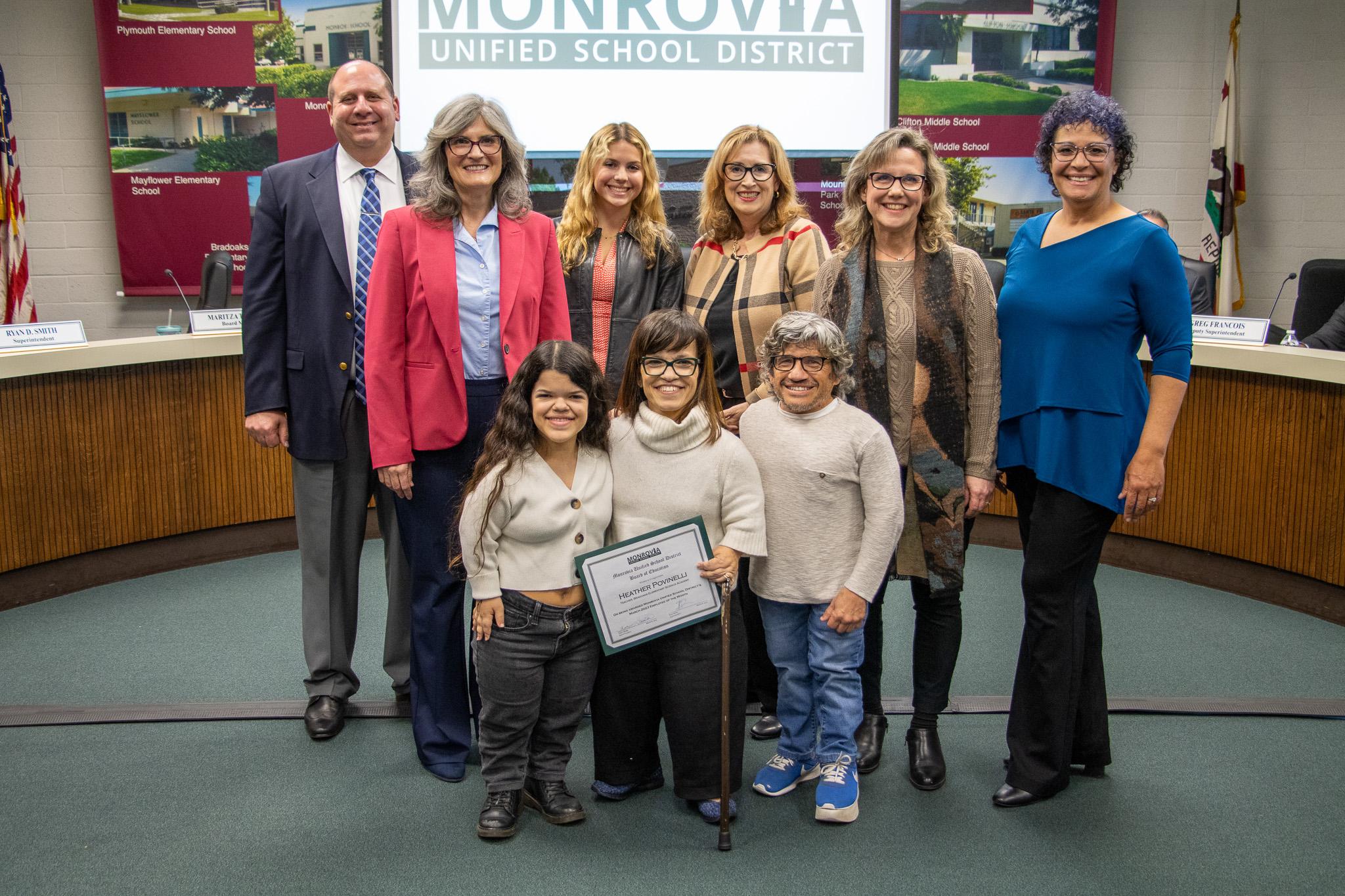 The Board of Education & the Monrovia Chamber of Commerce congratulated the following employees on being recipients of Monrovia Unified School District's "Employees of the Month" for March: Robert Crowder, Heather Povinelli, Thomas Bogdon, and Geovanna Loeza.