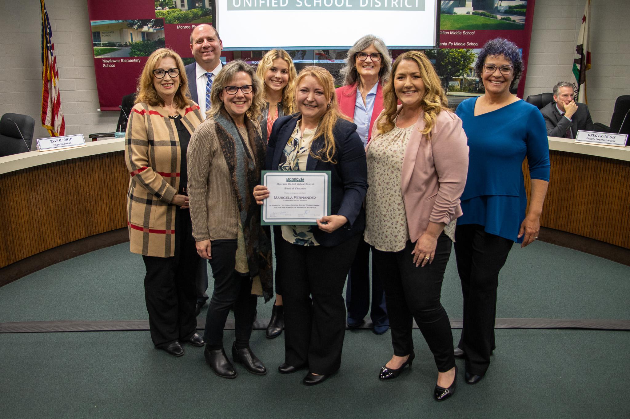 Board Members adopted Resolution No. 2223-16, recognizing March 5-11, 2023, as "National School Social Work Week," celebrating the contribution of school social workers to Monrovia Unified School District students.