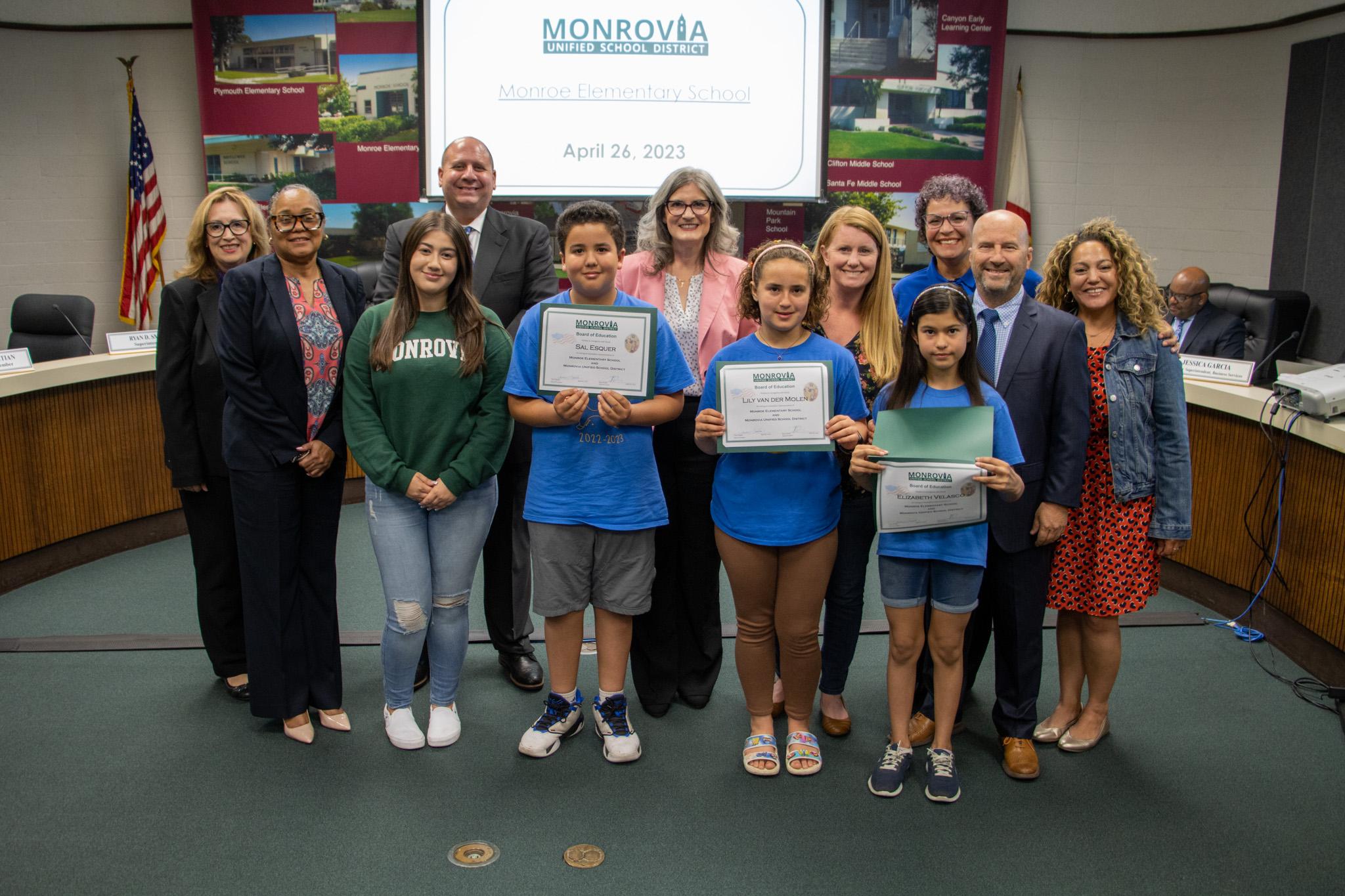 At its April meetings, the Monrovia Unified School District Board of Education invited students from the Monrovia Community Adult School Citizenship Class and Monroe Elementary to lead the Pledge of Allegiance.