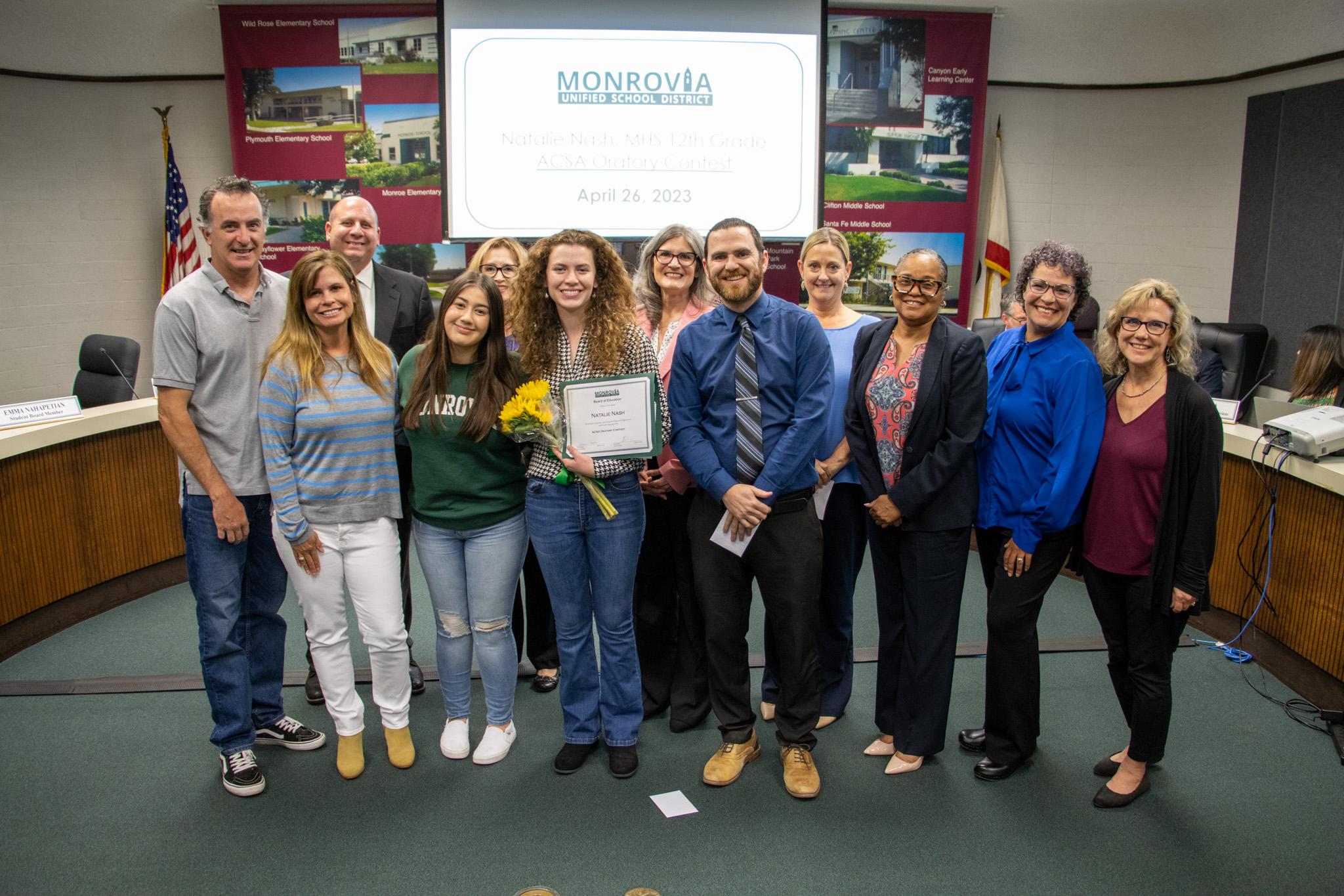 The Board of Education recognized MHS senior Natalie Nash for winning the Association of California School Administrators Oratory Contest.