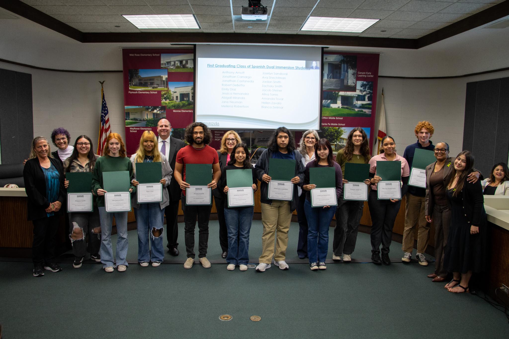 The Monrovia Unified School District Board of Education invited students from the first graduating Dual Immersion Spanish Cohort and the Monrovia High School Valedictorians to lead the Pledge of Allegiance.