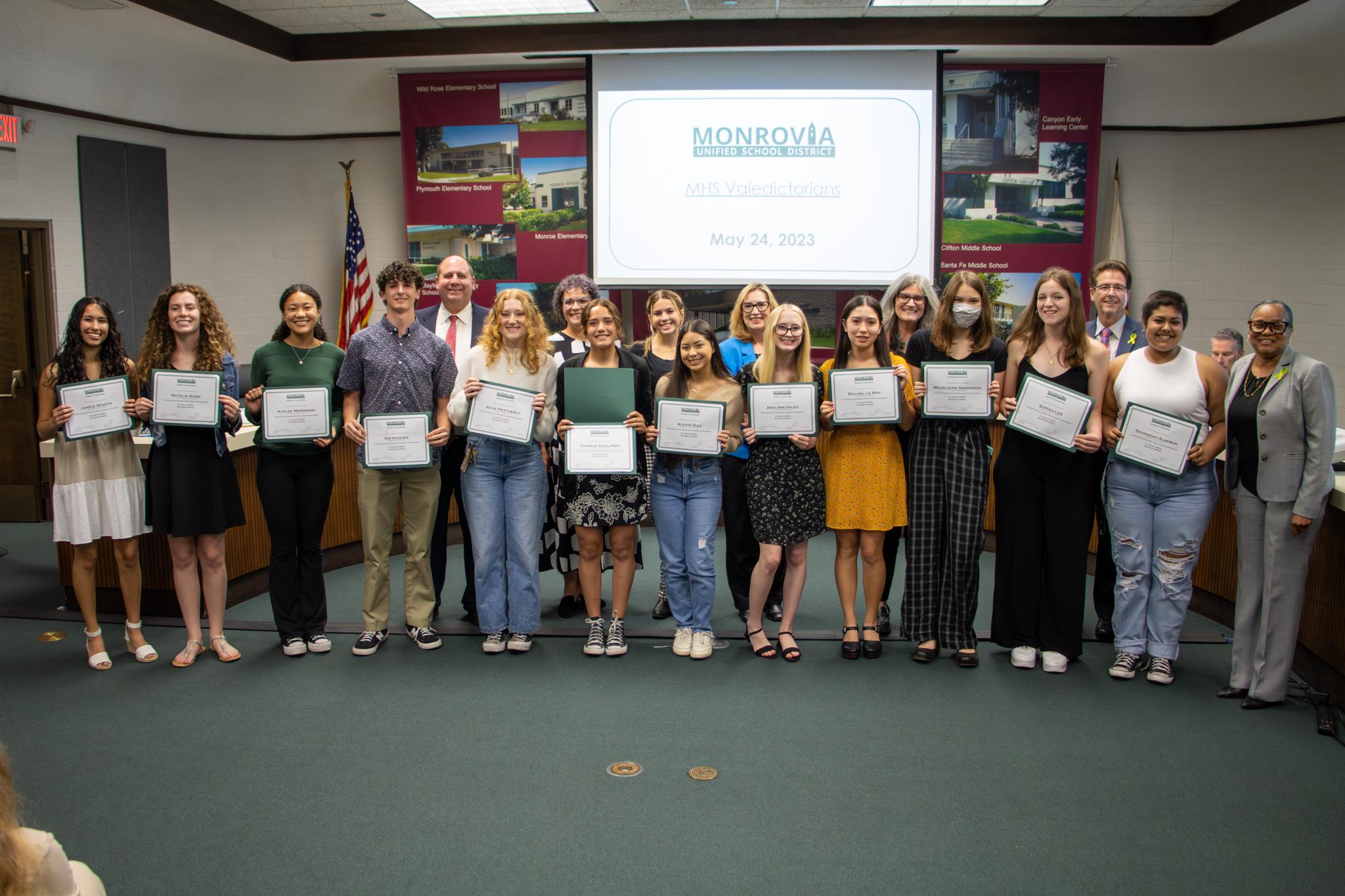 The Monrovia Unified School District Board of Education invited students from the first graduating Dual Immersion Spanish Cohort and the Monrovia High School Valedictorians to lead the Pledge of Allegiance.