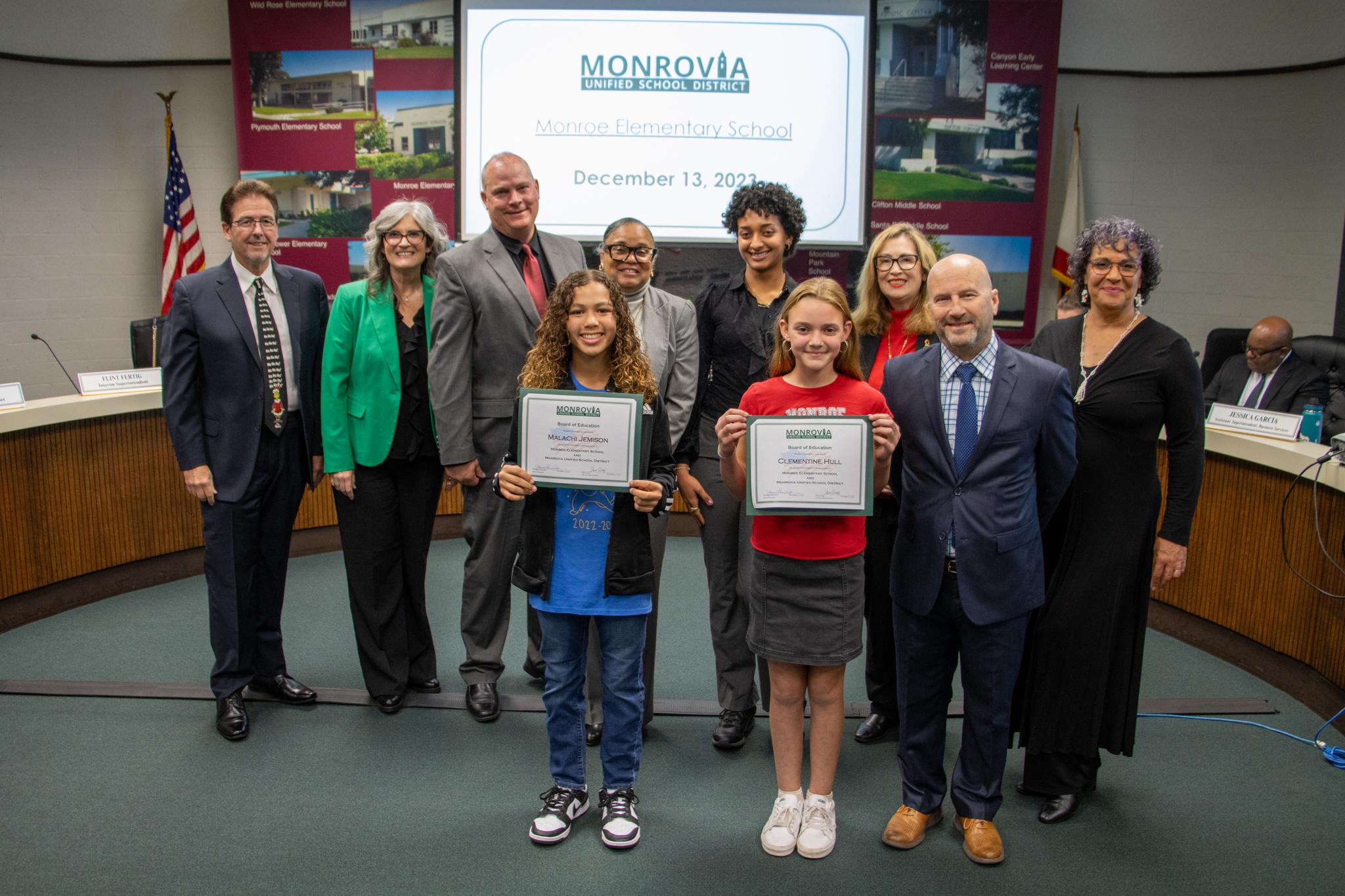 The Monrovia Unified Board of Education invited students from Monroe Elementary School to lead the Pledge of Allegiance in English and Spanish at its December meeting.